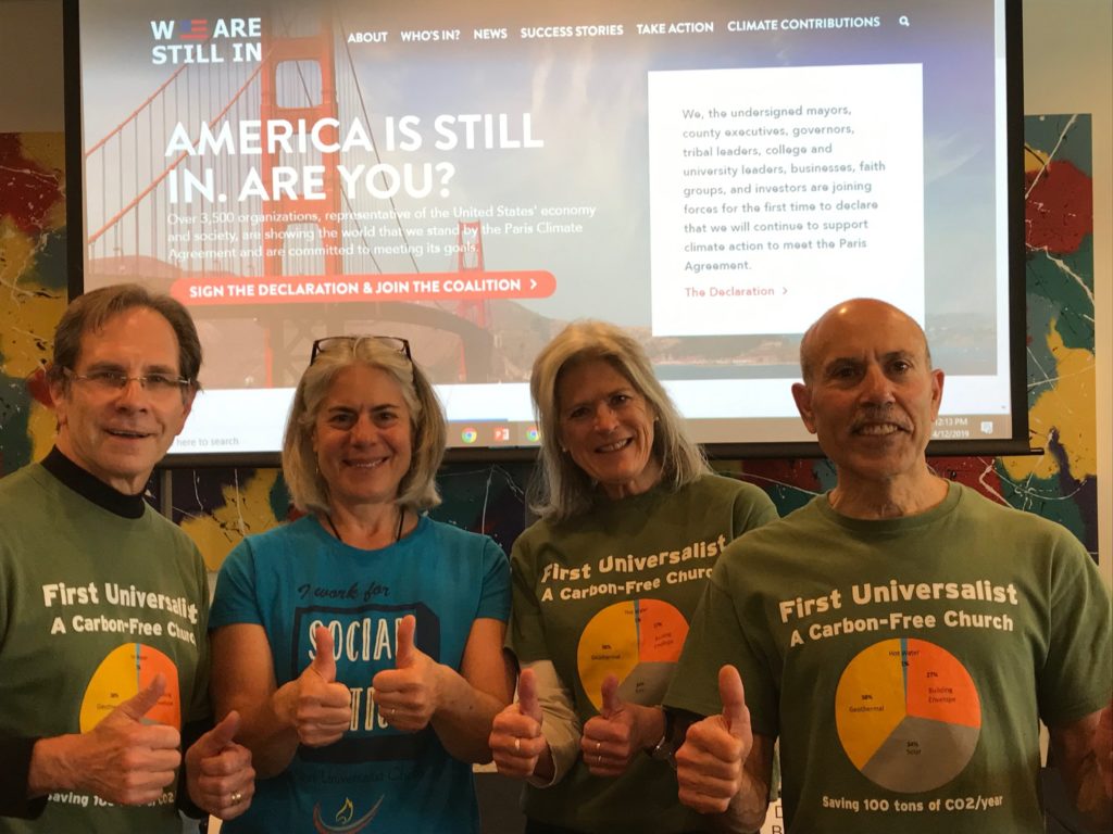 Members of the First Universalist Church of Denver hosting Interfaith Green Building Conference; Responding to Climate Change (L-R John Bringenberg, Hillary Moreland, Toni Nading, Tom Abood) WASI signatories, celebrating 1-Year Anniversary